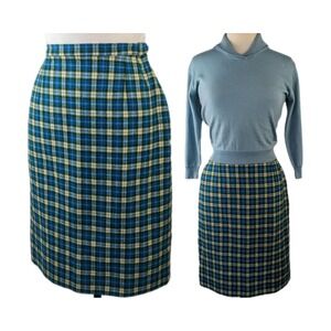 1960s blue and green plaid vintage‎ Pendleton wool pencil skirt